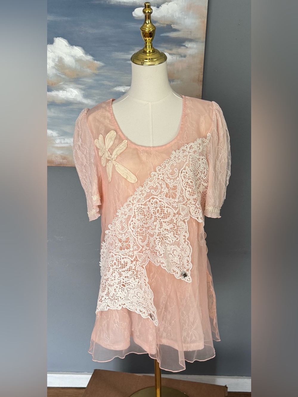 PRETTY ANGEL Tunic Silk Blend Embroidered Eyelet Lace Dress, Fits Size XL